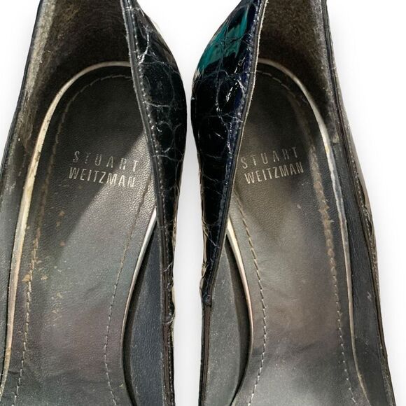 Stuart Weitzman Platform Heels Black Patent Leather Snakeskin Embossed Pumps - Picture 7 of 12